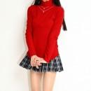 【ハイライン】 ネックレス刺しゅう おしゃれハイネックトップス 長袖 レッド