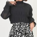 超ゆったり　生地伸縮　清楚系ハイネックシフォンブラウス 長袖 ブラック