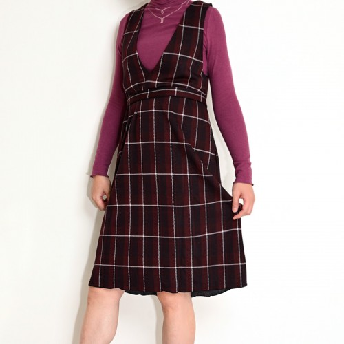 超ゆったり☆ オシャレなチェックサロペットスカート ワイン系