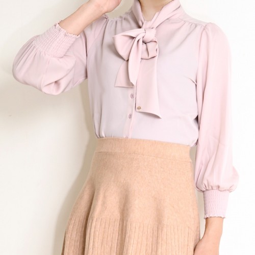 【ハイライン】  清楚系☆ フェミニンリボンタイブラウス　ピンク 長袖