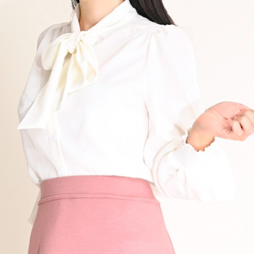 【ハイライン】  清楚系☆ フェミニンリボンタイブラウス　ホワイト 長袖