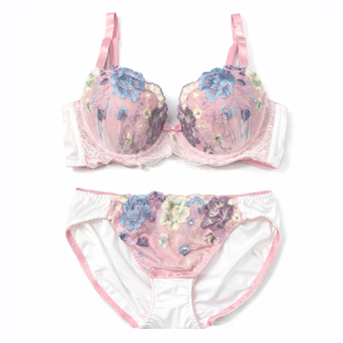 【女装サイズ】 カラーフラワー刺繍ブラショーツセット ピンク