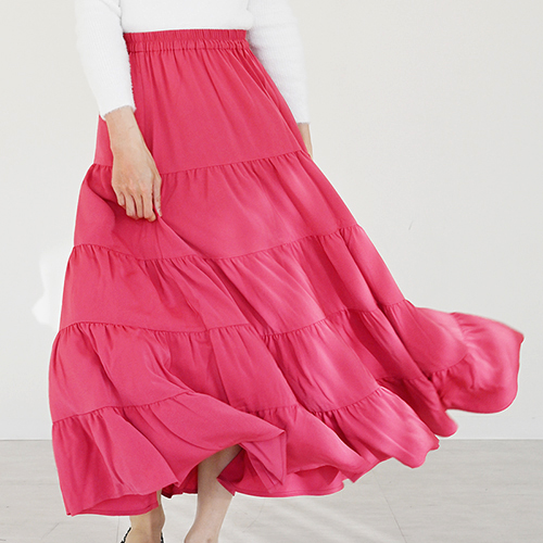 大人可愛い系　ティアードロング丈スカート　ピンク