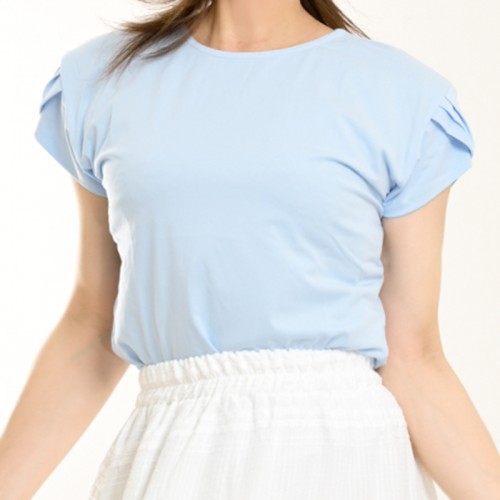 【ハイライン】  大人可愛い系 タックデザインカットソー ブルー 半袖