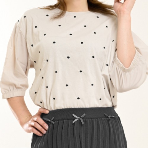 【ハイライン】  超ゆったり♪ 水玉切り替えカットソー ベージュ 五分袖