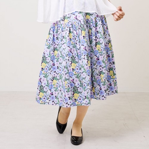 【ハイライン】 ウエスト伸縮!! 花柄清楚系スカート　ミドル丈　ブルー