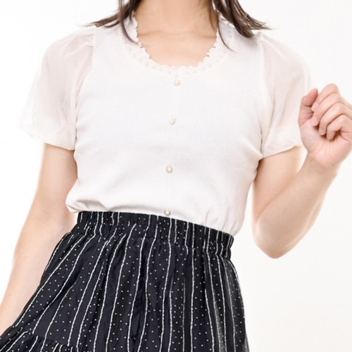 【ハイライン】 超伸縮♪ プリンセス系 パールボタンサマーニットカットソー 半袖 アイボリー
