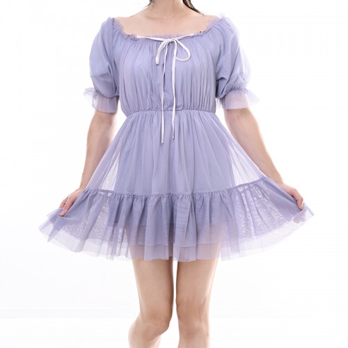【ハイライン】 ギリギリ系 お嬢様シフォンミニワンピース 中間服(長めの半袖) ブルー