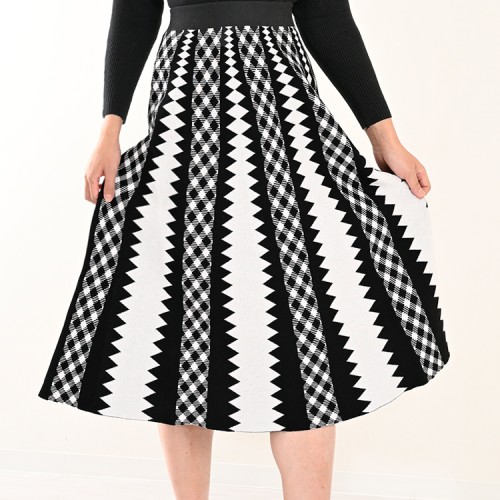 【ハイライン】 大人可愛い系 ウエスト伸縮!! ミドル丈スカート ジオメトリック柄