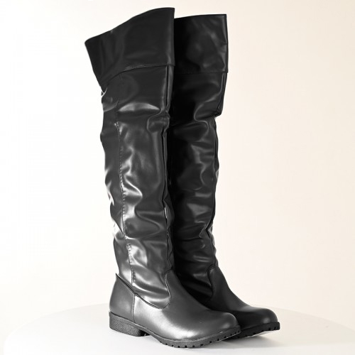 【即納】 ゆったりローヒール ロングブーツ ブラック