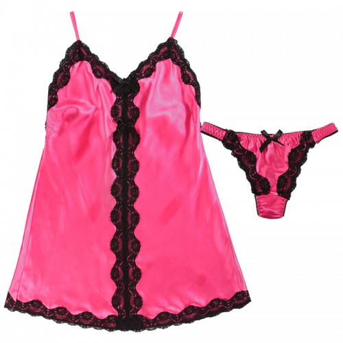 【X'mas限定販売】　光沢スリップとショーツのセット　ビビッドピンク