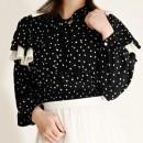 【ハイライン】 ショート丈 肩フリルブラウス 長袖 ブラック