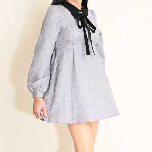 【ハイライン】 お嬢様系 ミニ丈リボンタイワンピース グレー