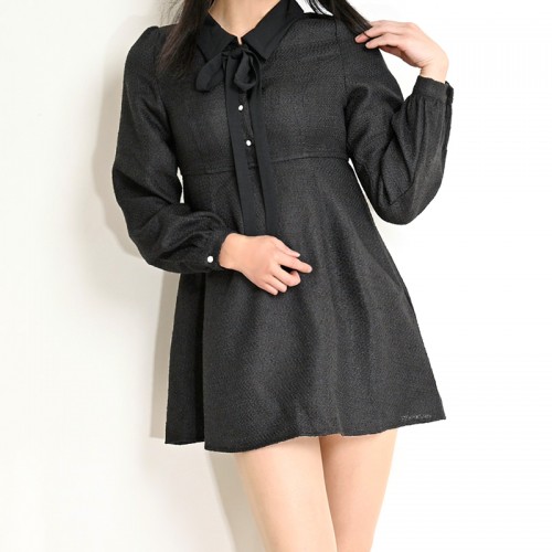 【ハイライン】 お嬢様系 ミニ丈リボンタイワンピース ブラック