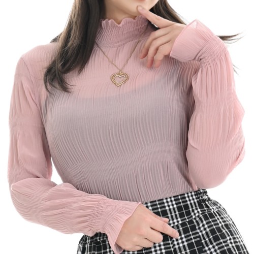 超伸縮!!　清楚系ハイネックシフォンブラウス 長袖 ピンク