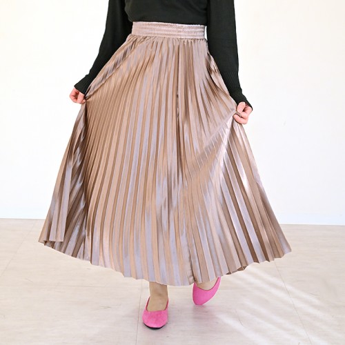 【ハイライン】 ウエスト伸縮! ミドル丈 サテン調スカート ベージュ