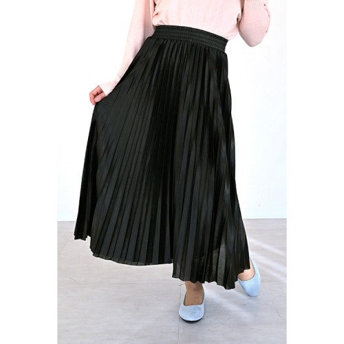 【ハイライン】 ウエスト伸縮! ミドル丈 サテン調スカート ブラック