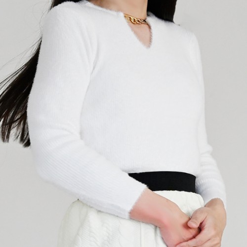 【ハイライン】 超伸縮!! デコルテアクセ スプリングニット 長袖 ホワイト