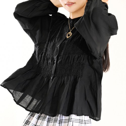 【ハイライン】 清楚大人系 シャーリングブラウス 長袖 ブラック