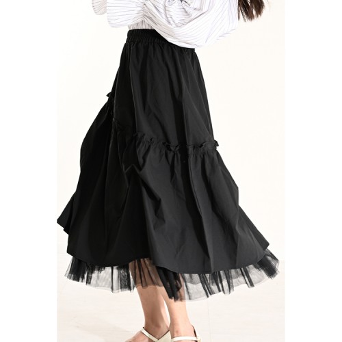 【ハイライン】 裾レースミドル丈 スプリングスカート ブラック