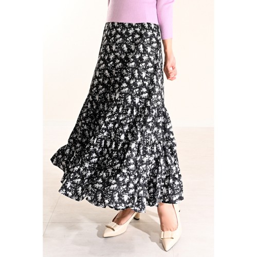 【ハイライン】 スプリング小花柄 ティアードロング丈スカート ブラック