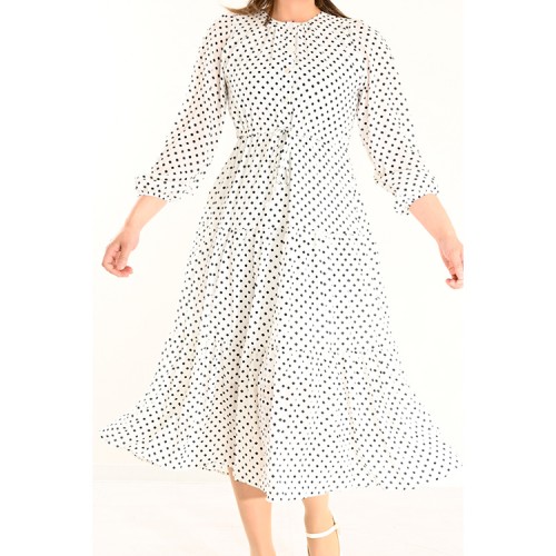 【ハイライン】 清楚なお姉さん系♪ 水玉スプリングワンピース 長袖 ホワイト