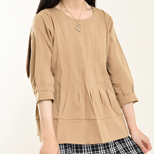 伸縮&ゆったり♪ ラウンドネックキャメルカットソー 七分袖