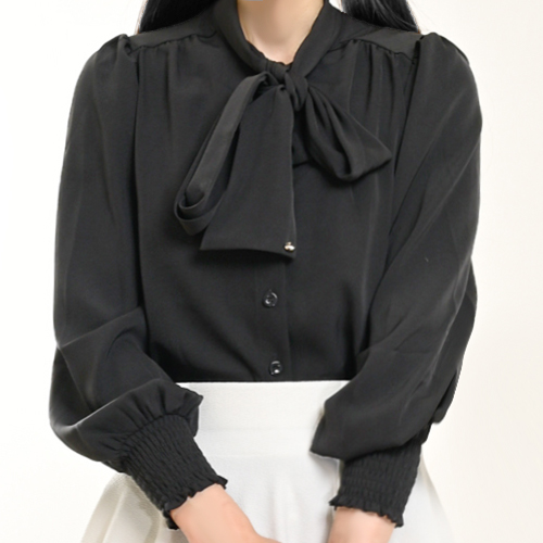 【ハイライン】  4月限定 清楚系☆ フェミニンリボンタイブラウス　ガーリーブラック 長袖