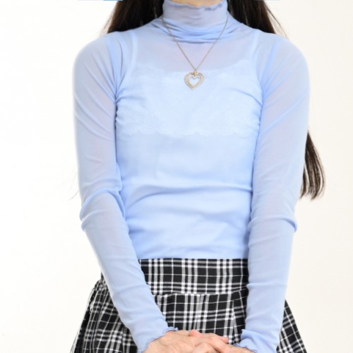 伸縮!! お姉さん系 シアーハイネックトップス スカイブルー 長袖