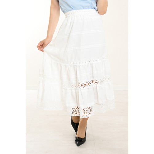 【ハイライン】 大人可愛い系 レーストリムティアードスカート　オフホワイト