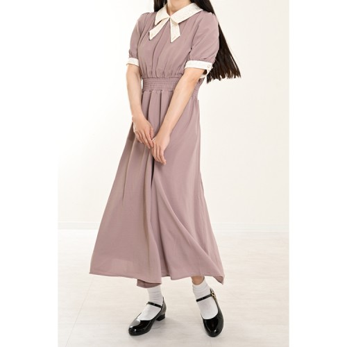 【ハイライン】 レースリボンネック 初夏の清楚系ワンピース　半袖 ピンク