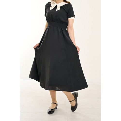 【ハイライン】 レースリボンネック 初夏の清楚系ワンピース　半袖 ブラック