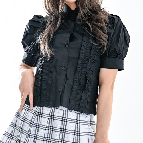 パフスリーブ ガーリー系ブラウス 半袖　ブラック