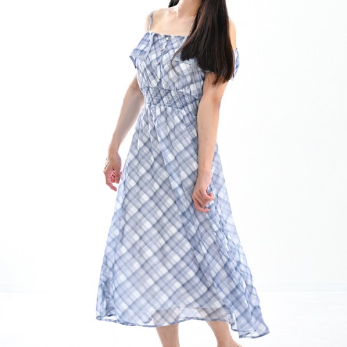 【ハイライン】 お嬢様系 シフォンフレアワンピース ノースリーブ ブルー