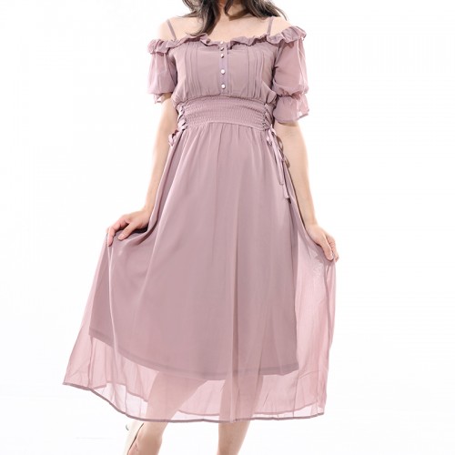 【ハイライン】 プリンセス系 シフォンフレアワンピース 半袖 ピンク