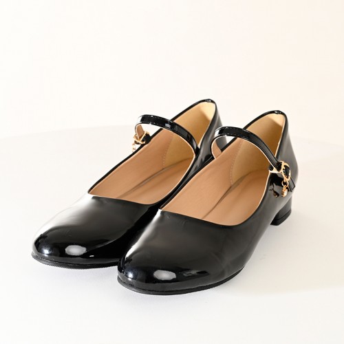 【即納】  ローヒールストラップエナメルパンプス　ブラック