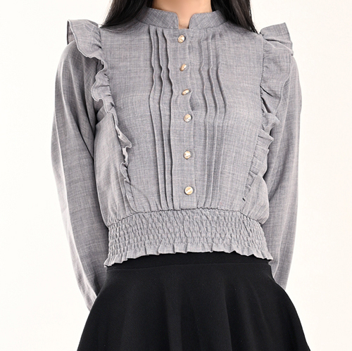 【ハイライン】 清楚系ピンタックフリル ブラウス　グレー 長袖