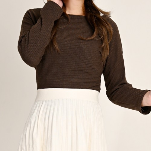 【ハイライン】 超伸縮　冬のボートネックニット  ブラウン 長袖