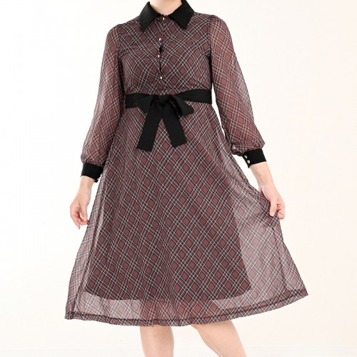 【ハイライン】 お嬢様系 冬のチェック柄 上質ワンピース 長袖