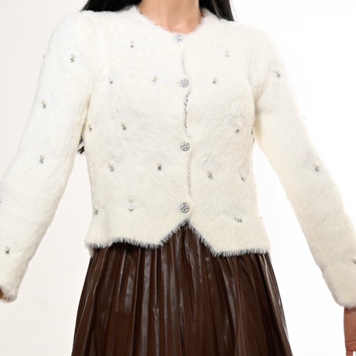 ウィンターシャギーニットカーディガン 長袖 ホワイト