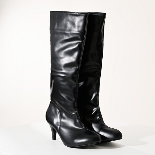 【即納】 ワイド美脚シルエット ロングブーツ ブラック